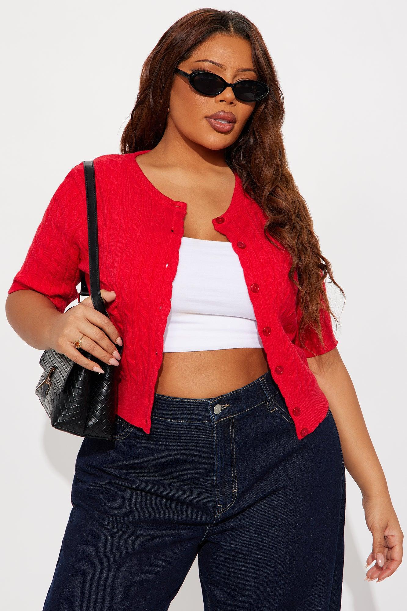 Elowen Short Sleeve Cable Knit Cardigan - Red Female Product Image