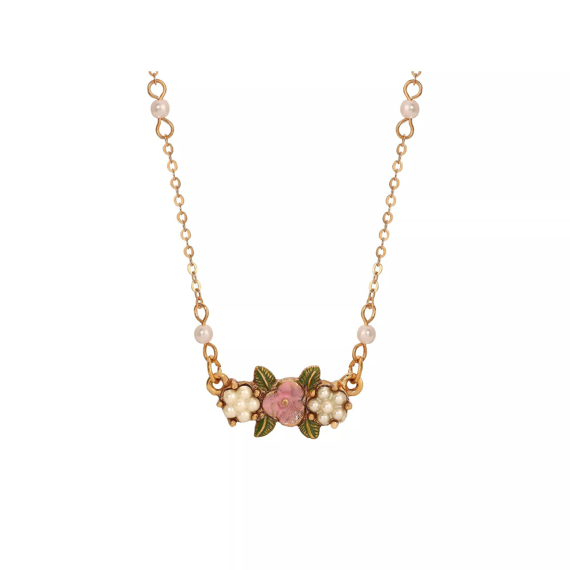 1928 Gold Tone Simulated Pearl & Pink Flower Necklace, Womens Product Image