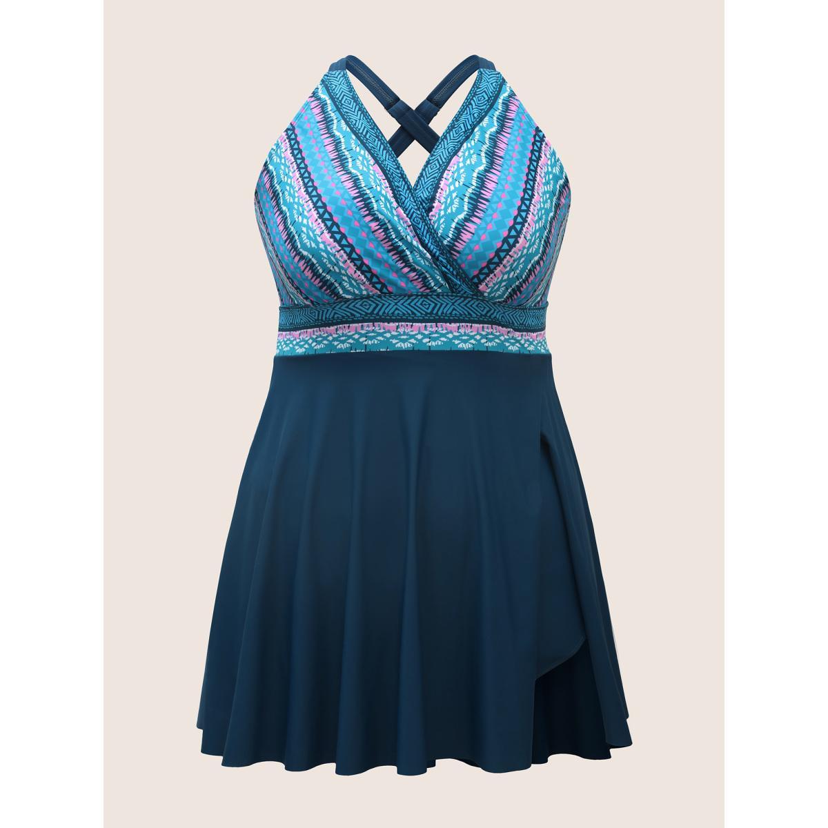 Plus Size Overlap Collar Bandana Patchwork Split Hem Swim Dress Women's Swimwear Indigo Beach Bodycon Overlap Collar High stretch Curve Swim Dresses BloomChic 10/M Product Image