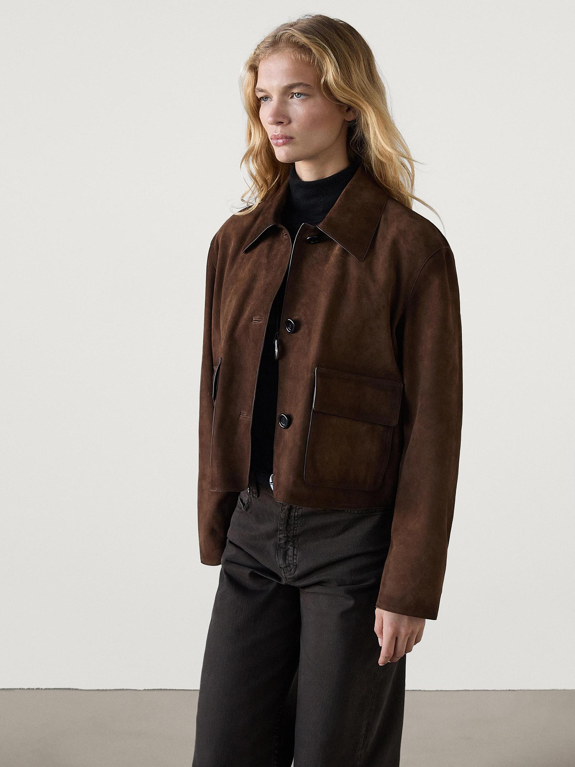 Suede leather jacket with pockets Product Image