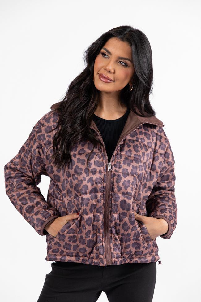 Vail Valley Brown Leopard Quilted Zip Up Jacket Product Image
