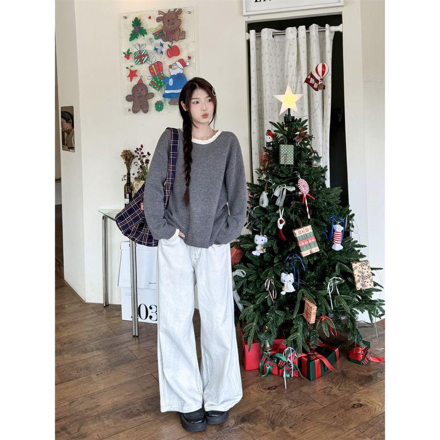 Crew Neck Plain Lace Trim Sweater Product Image