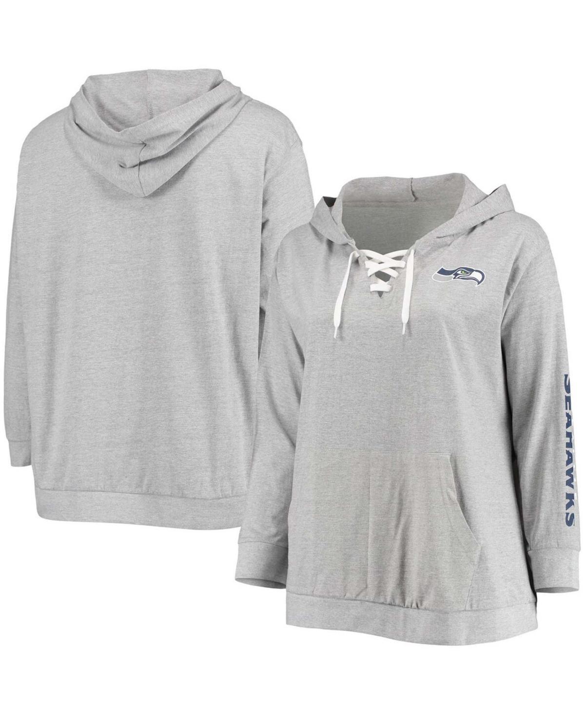 Women's Fanatics Branded Heathered Gray Seattle Seahawks Plus Size Lace-Up Pullover Hoodie, Size: 1XL, Grey Product Image