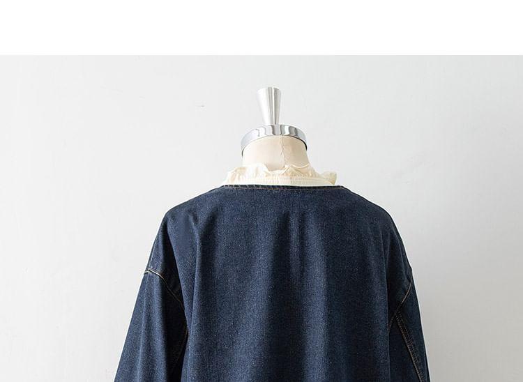 3/4 Sleeve Round Neck Denim Button Up Jacket Product Image