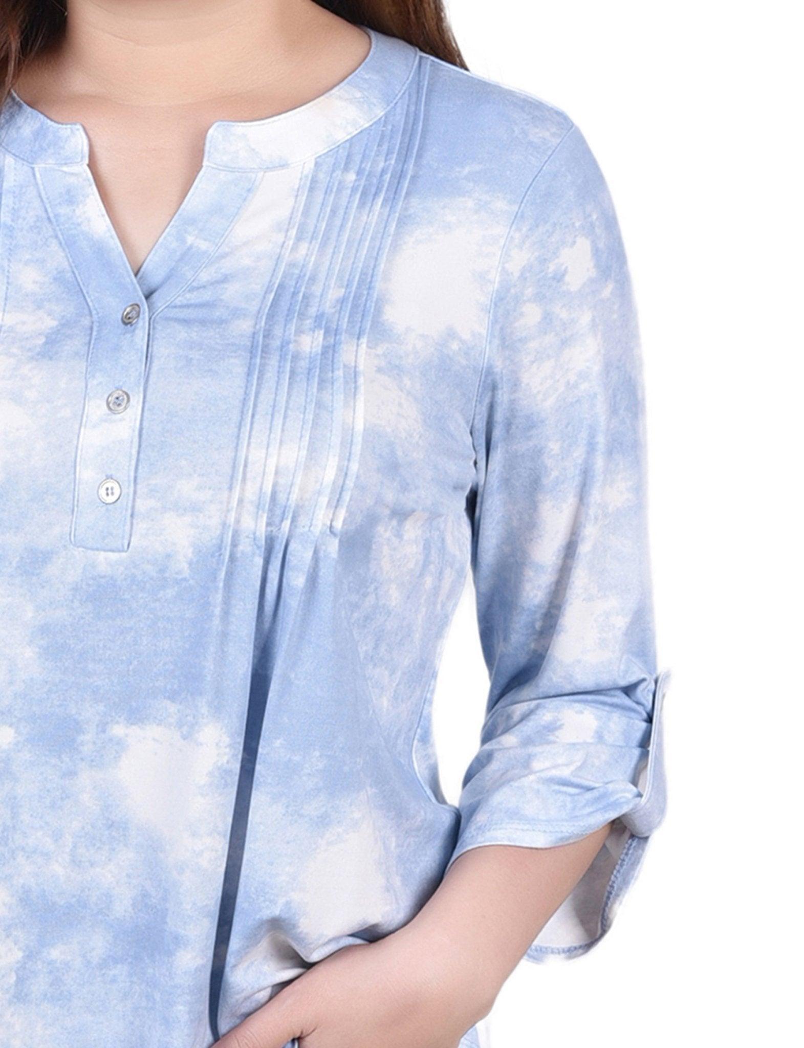 Blue Tie Dye 3/4 Bell Sleeve Pleat Front Y Neck Top Product Image