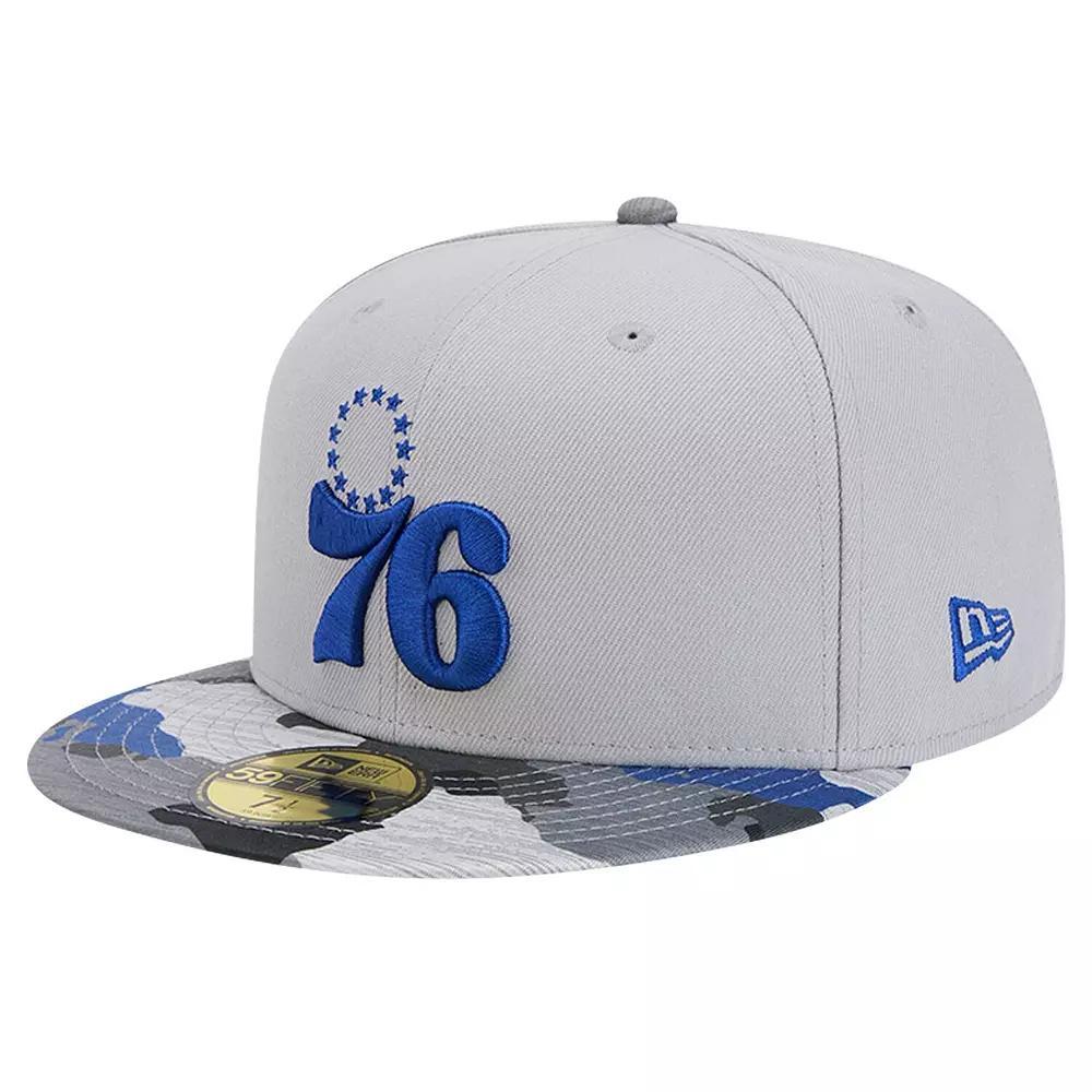 Men's New Era Gray Philadelphia 76ers Active Color Camo Visor 59FIFTY Fitted Hat, Size: 6 7/8, 76r Grey Product Image