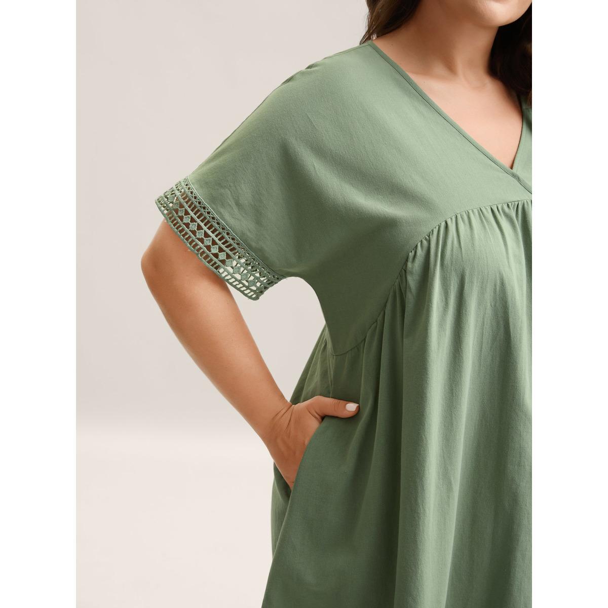 Plus Size Pure Cotton Lace Trim Sleeve Midi Dress Sage Women V-neck Short sleeve Curvy BloomChic 28/5X Product Image