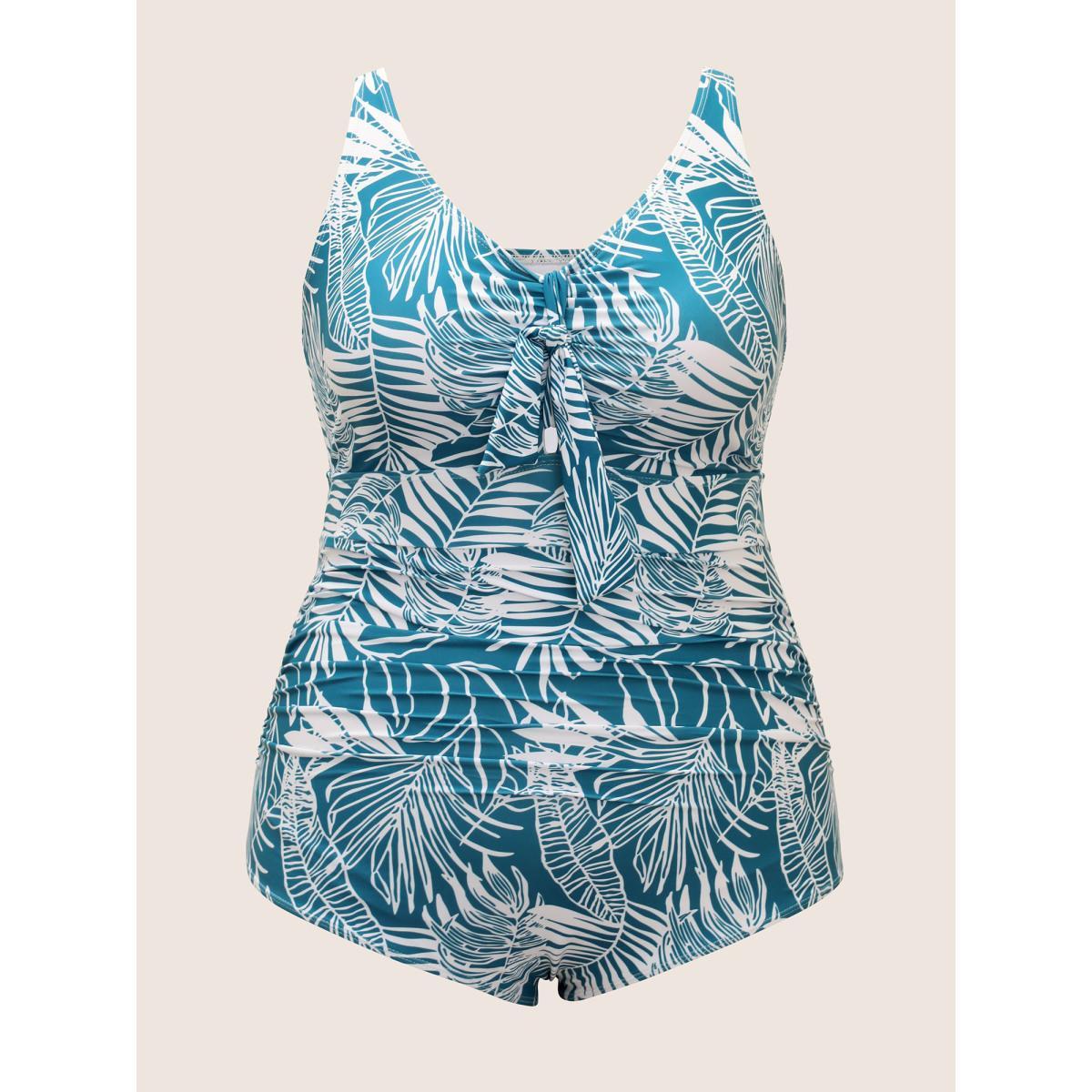 Plus Size Tropical Print Knotted Gathered One Piece Swimsuit Women's Swimwear Cerulean Beach Gathered Curve Bathing Suits High stretch One Pieces BloomChic 26/4X Product Image
