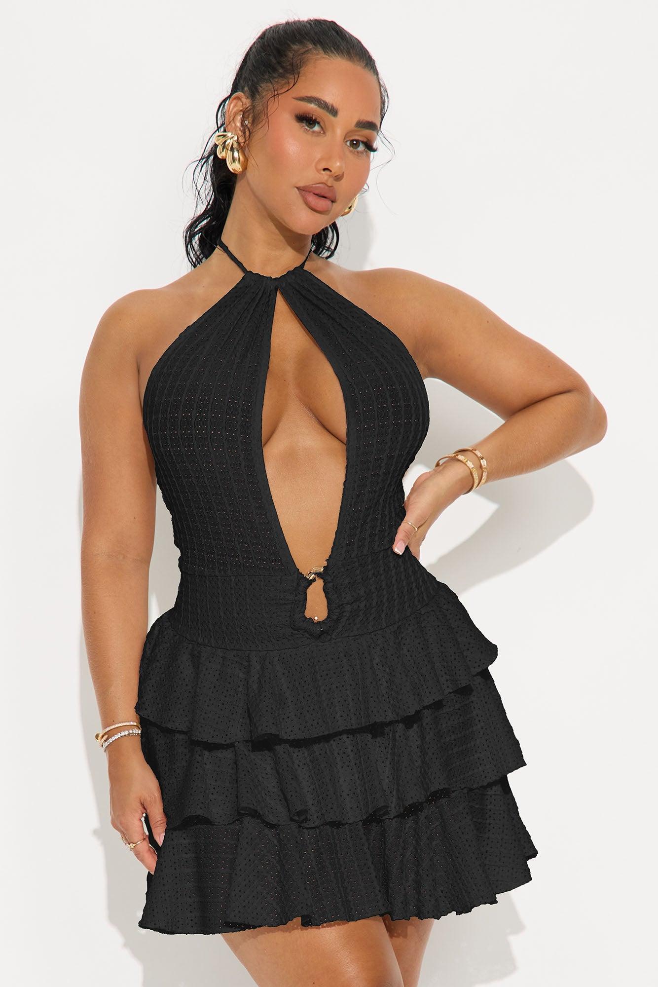 Nyla Ruffle Crochet Mini Dress - Black Product Image