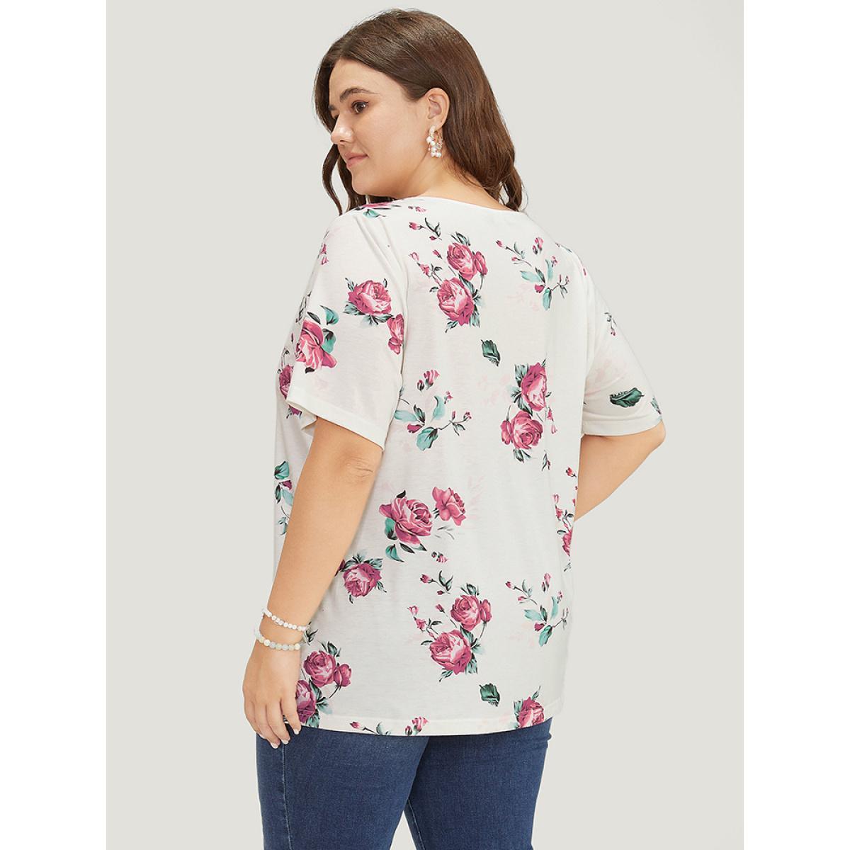 Plus Size Floral Crisscross V Neck T-shirt Multicolor Women Elegant Floral V-neck Everyday T-shirts BloomChic 22-24/3X Product Image