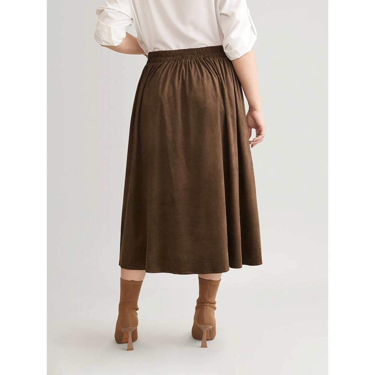 Plus Size Solid Buckle Detail Faux Suede A-line Skirt Women Bronze Office Style accents No stretch Pocket Work Skirts BloomChic 30/6X Product Image