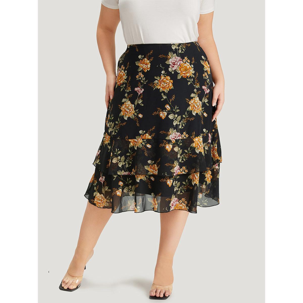 Plus Size Floral Printed Flutter Layered Skirt Women Black Elegant See through No stretch Pocket Dailywear Skirts BloomChic 28/5X Product Image