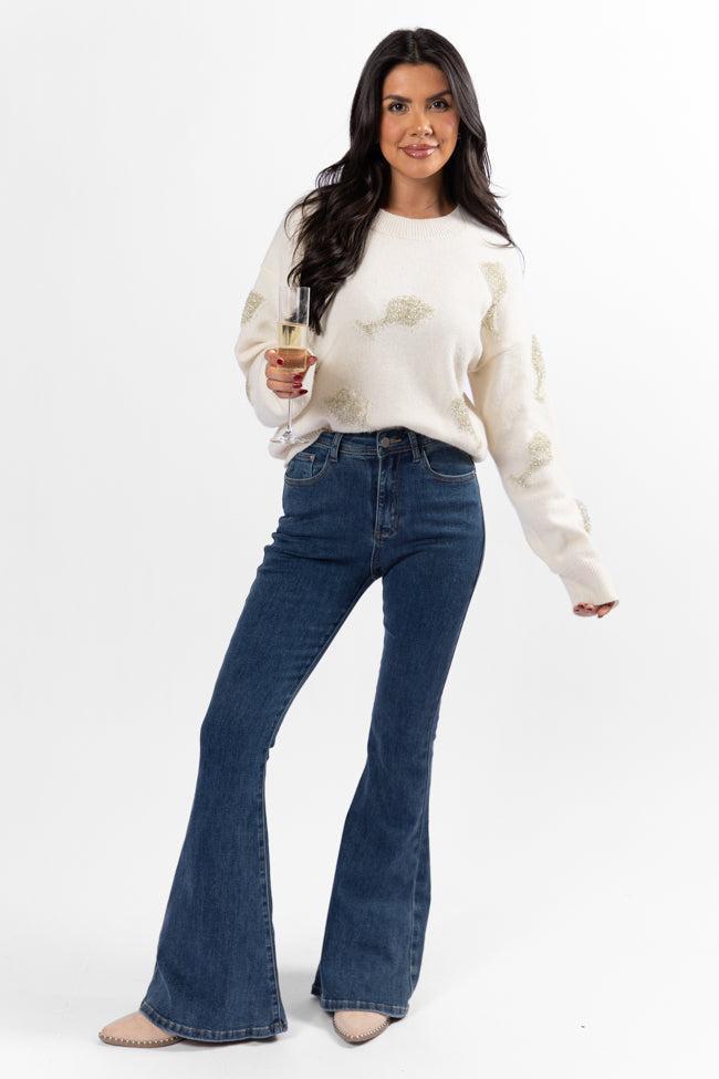 Pop The Bubbly Glitter Wine Glass Embroidered Cream Sweater Product Image