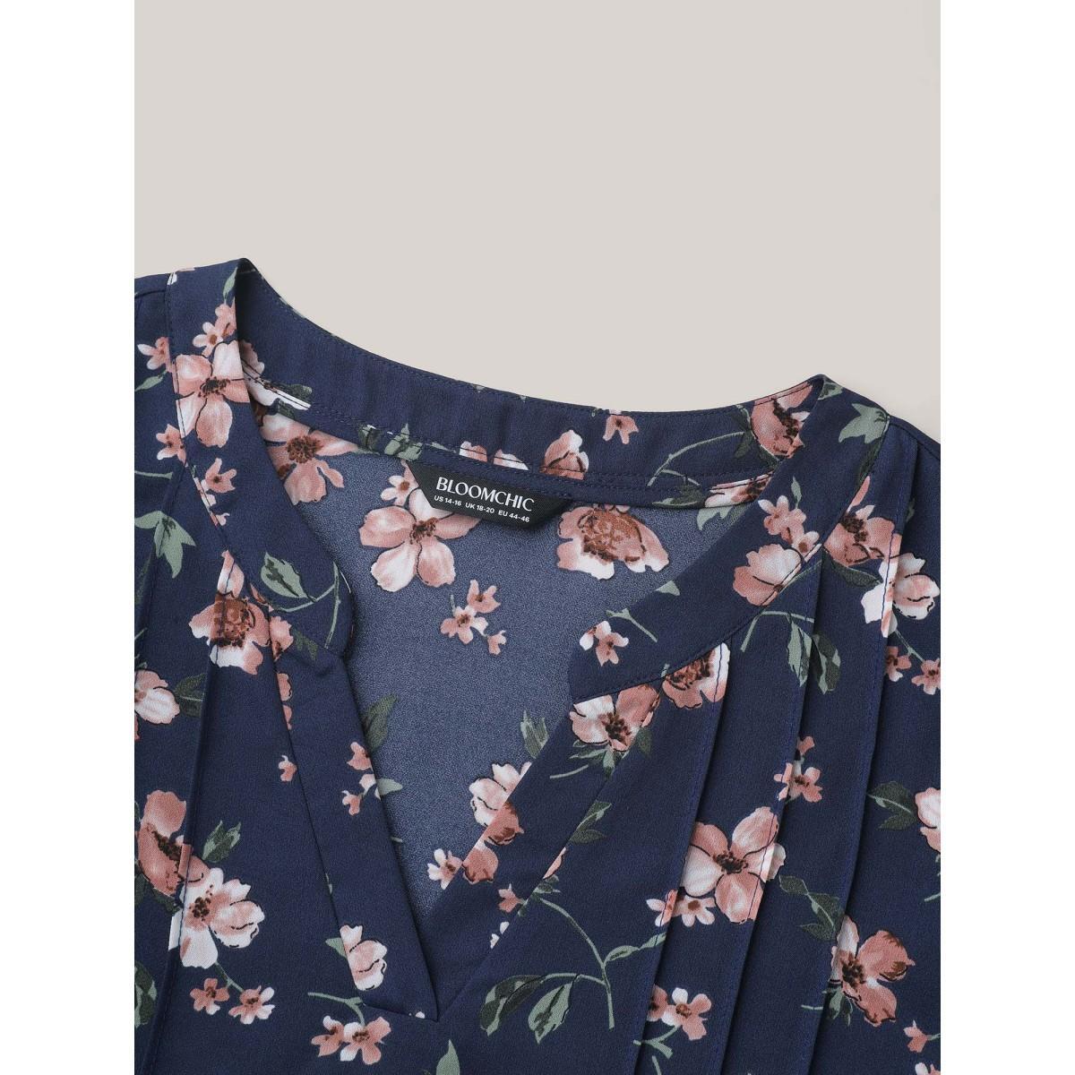 Plus Size Indigo Floral Print Tab Sleeve Pintuck Shirt Women Elegant Elbow-length sleeve Notched collar Everyday Blouses BloomChic 12/L Product Image