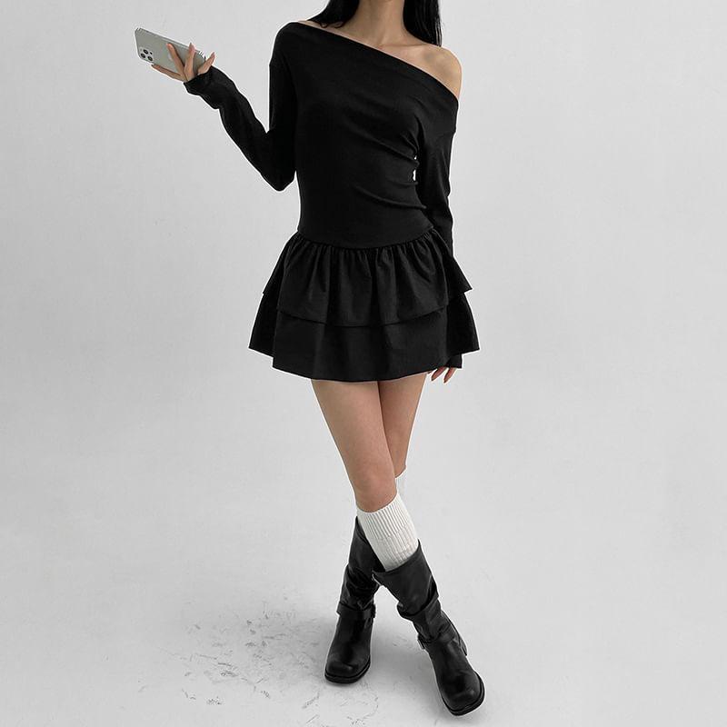 Long-Sleeve Off Shoulder Plain Mini A-Line Dress Product Image