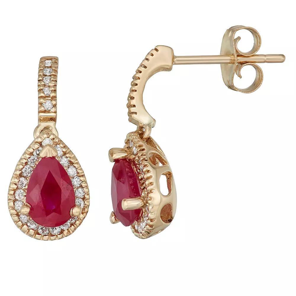 14k Gold Ruby & 1/5 Carat T.W. Certified Diamond Teardrop Earrings, Womens, Yellow Product Image