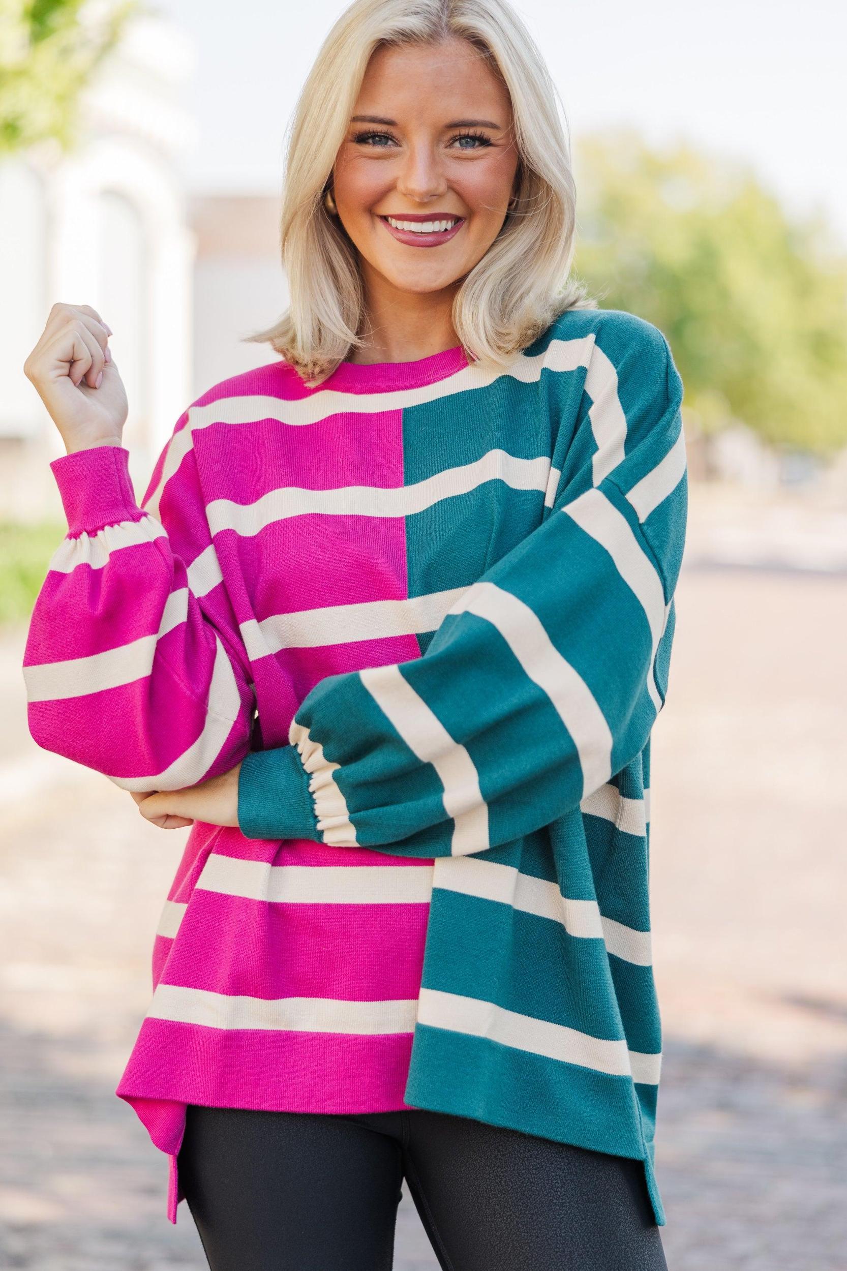 Live It Up Fuchsia/Teal Striped Sweater Female Product Image