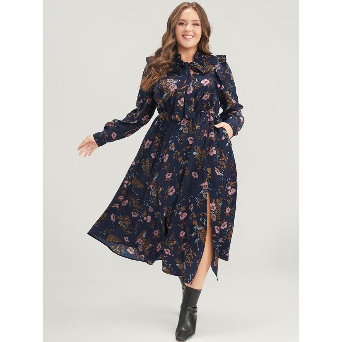 Plus Size Floral Pocket Knotted Neck Ruffle Trim Split Dress DarkBlue Women Elegant Knotted Tie Neck Long Sleeve Curvy Midi Dress BloomChic 10/M Product Image