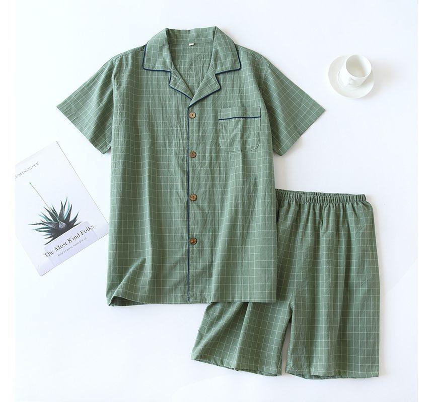 Couple Matching Pajama Set: Short-Sleeve Collared Plaid Top + Elastic Waist Shorts Product Image