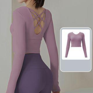 Long-Sleeve Scoop Neck Plain Criss Cross Crop Sports T-Shirt / Plain Yoga Pants / Set Product Image