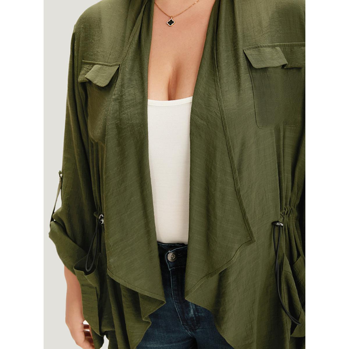 Plus Size Supersoft Essentials Plain Pocket Asymmetrical Drawstring Coat Women ArmyGreen Plain Pocket Dailywear Jackets BloomChic 14-16/1X Product Image