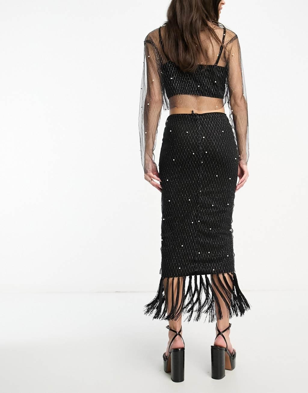 Extro & Vert Premium maxi skirt with pearl embellished layer & fringe Product Image