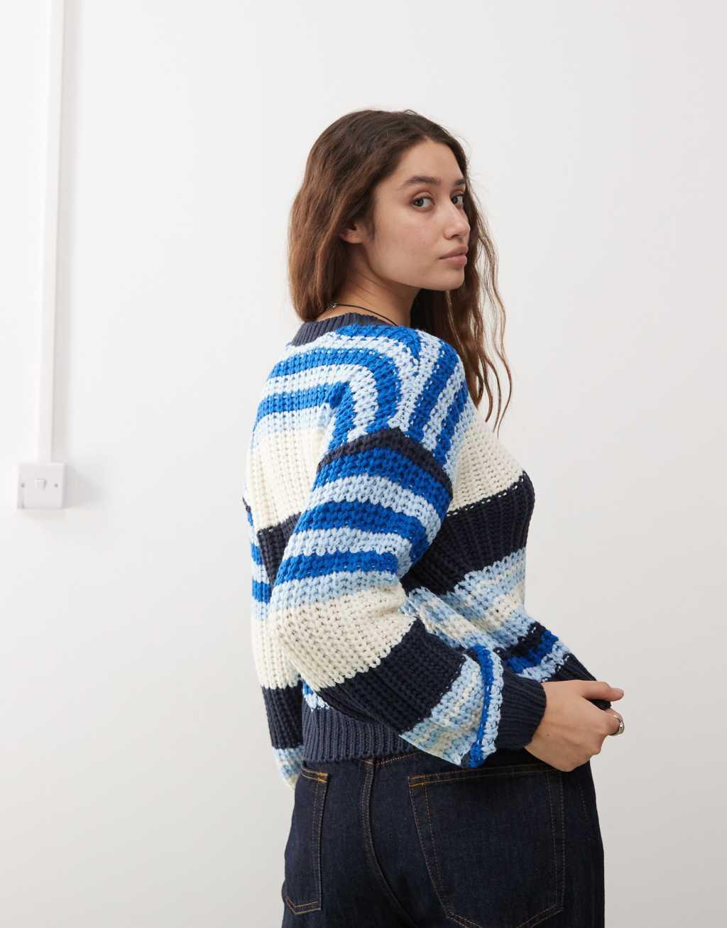 Noisy May chunky open knit sweater in cream & blue stripe Product Image