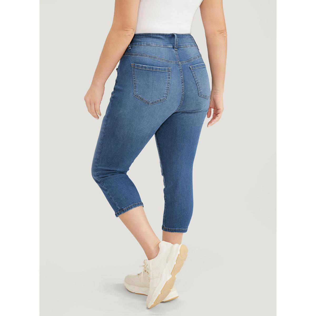 Plus Size Very Stretchy High Rise Medium Wash Cropped Jeans Women Cerulean Casual Plain High stretch Jeans BloomChic 18/2X Product Image