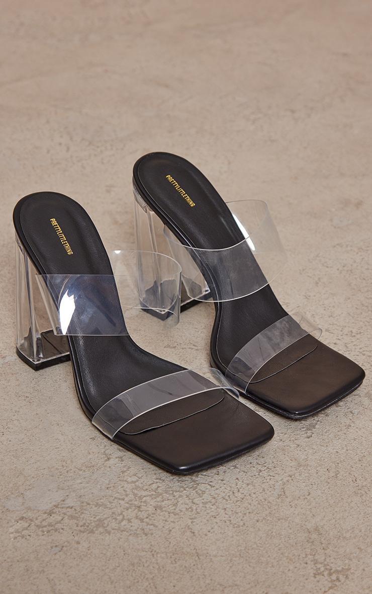 Black Clear Square Toe Thick Double Strap Chunky Block High Heeled Sandals Product Image