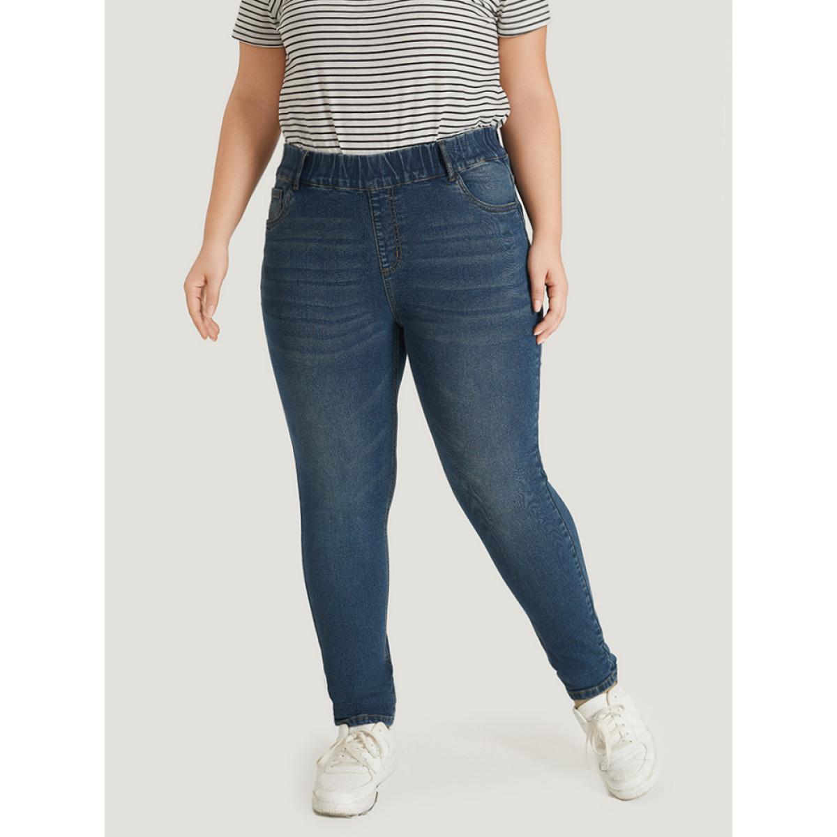 Plus Size Plain Elastic Waist Medium Wash Roll Hem Jeans Women Indigo Casual Plain Plain High stretch Pocket Jeans BloomChic 24/3X Product Image