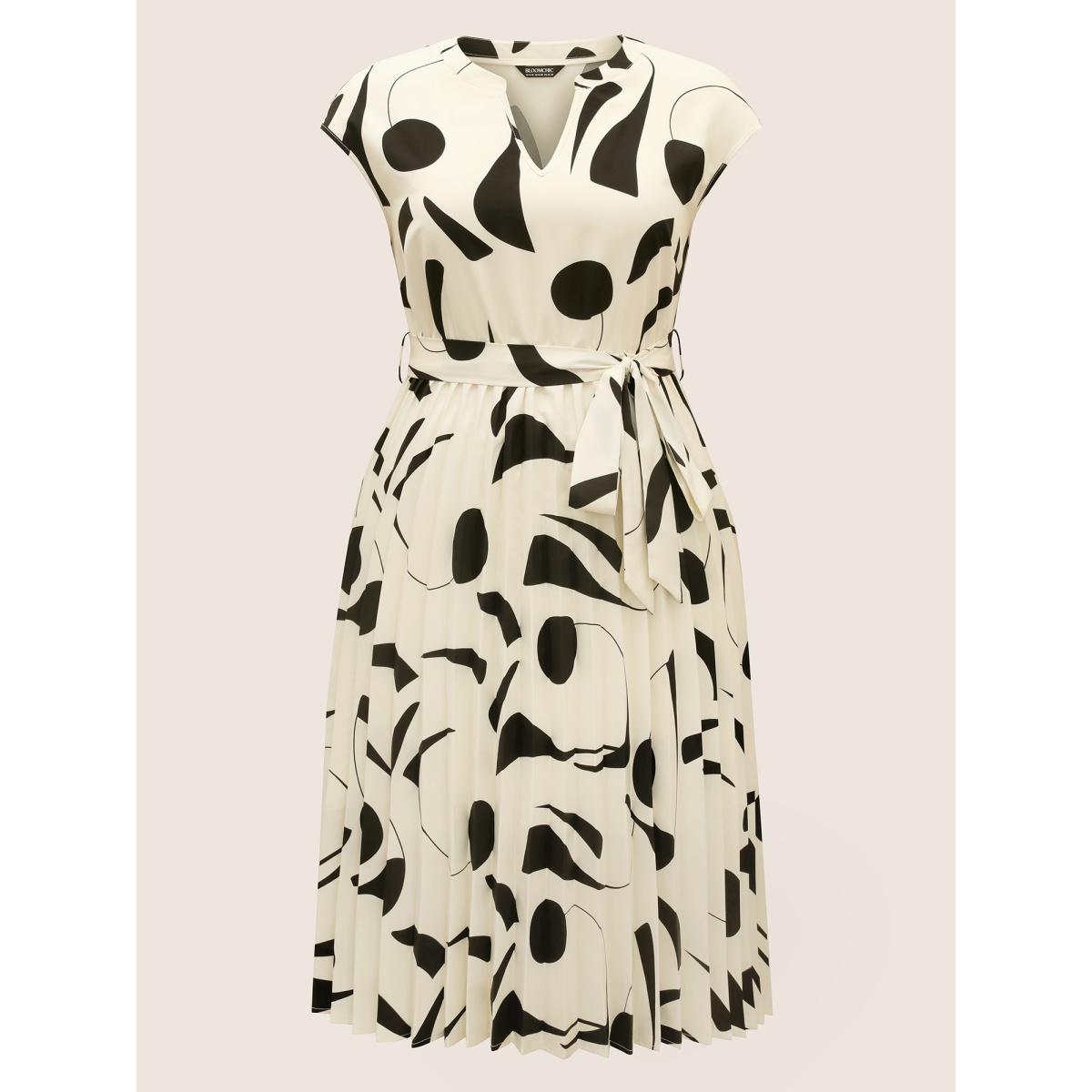 Plus Size Silhouette Floral Print Cap Sleeve Midi Dress Ivory Women At the Office Belted Flat collar with V-notch Cap Sleeve Curvy BloomChic 10/M Product Image