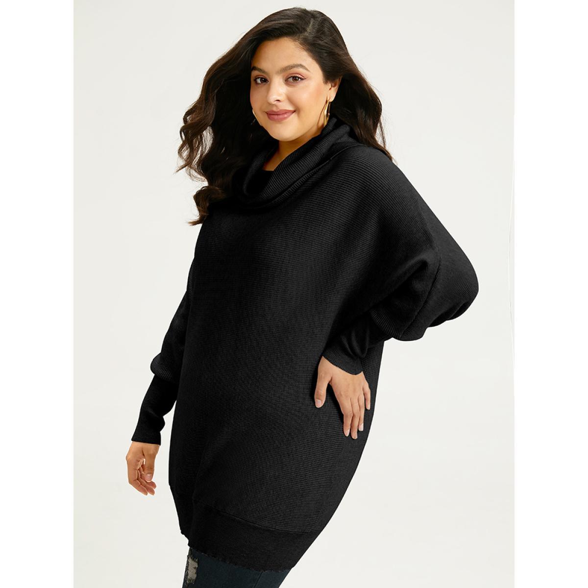 Plus Size Supersoft Essentials Lapel Collar Batwing Sleeve Pullover Black Women Casual Loose Long Sleeve Lapel Collar Dailywear Pullovers BloomChic 30/6X Product Image