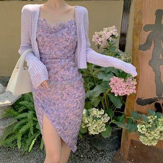 Spaghetti Strap Cowlneck Floral Slit Midi Dress / Cropped Cardigan Product Image