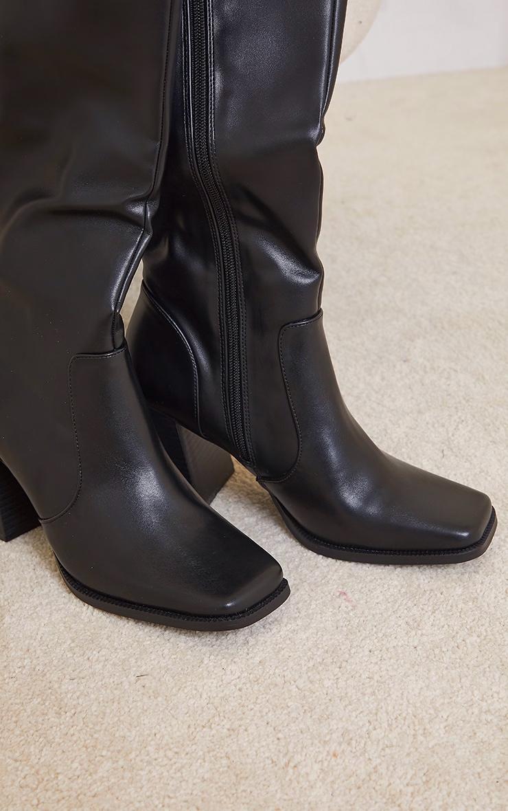 Black PU Square Toe Flare Block Heel Knee High Boots Product Image
