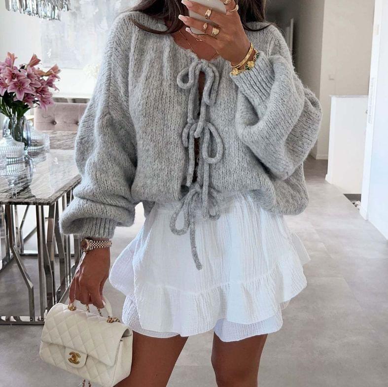 Round Neck Plain Bowknot Cardigan Product Image