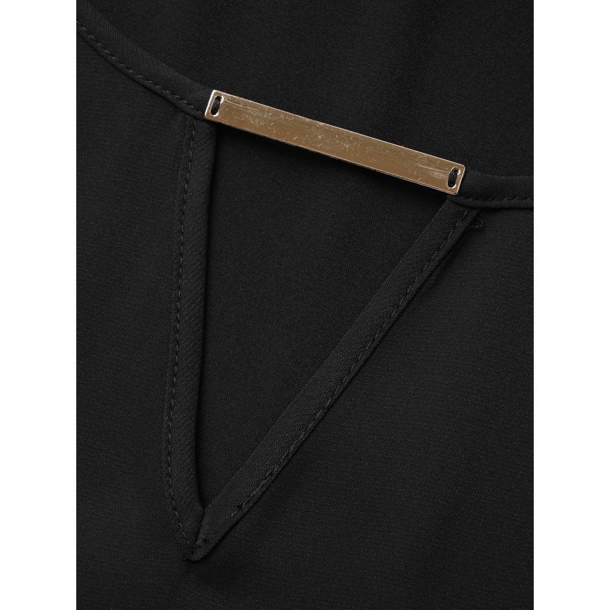 Plus Size Black Anti-Wrinkle Plain Metal Detail Keyhole Neck Blouse Women Office Short sleeve V-neck Work Blouses BloomChic 26/4X Product Image