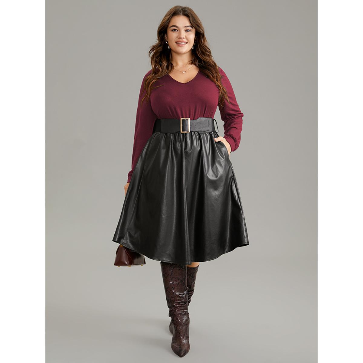 Plus Size PU Patchwork V Neck Dress With Belt Burgundy Women Office Plain V-neck Long Sleeve Curvy Knee Dress BloomChic 18-20/2X Product Image
