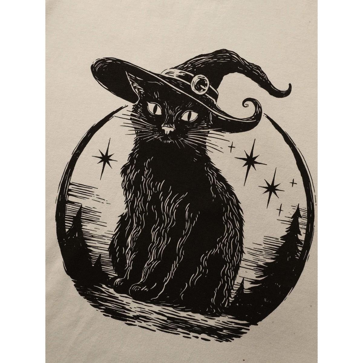 Plus Size Bewitched Cat Printed Crew Neck T-shirt Champagne Women Casual Non Halloween Round Neck Everyday T-shirts BloomChic 26/4X Product Image