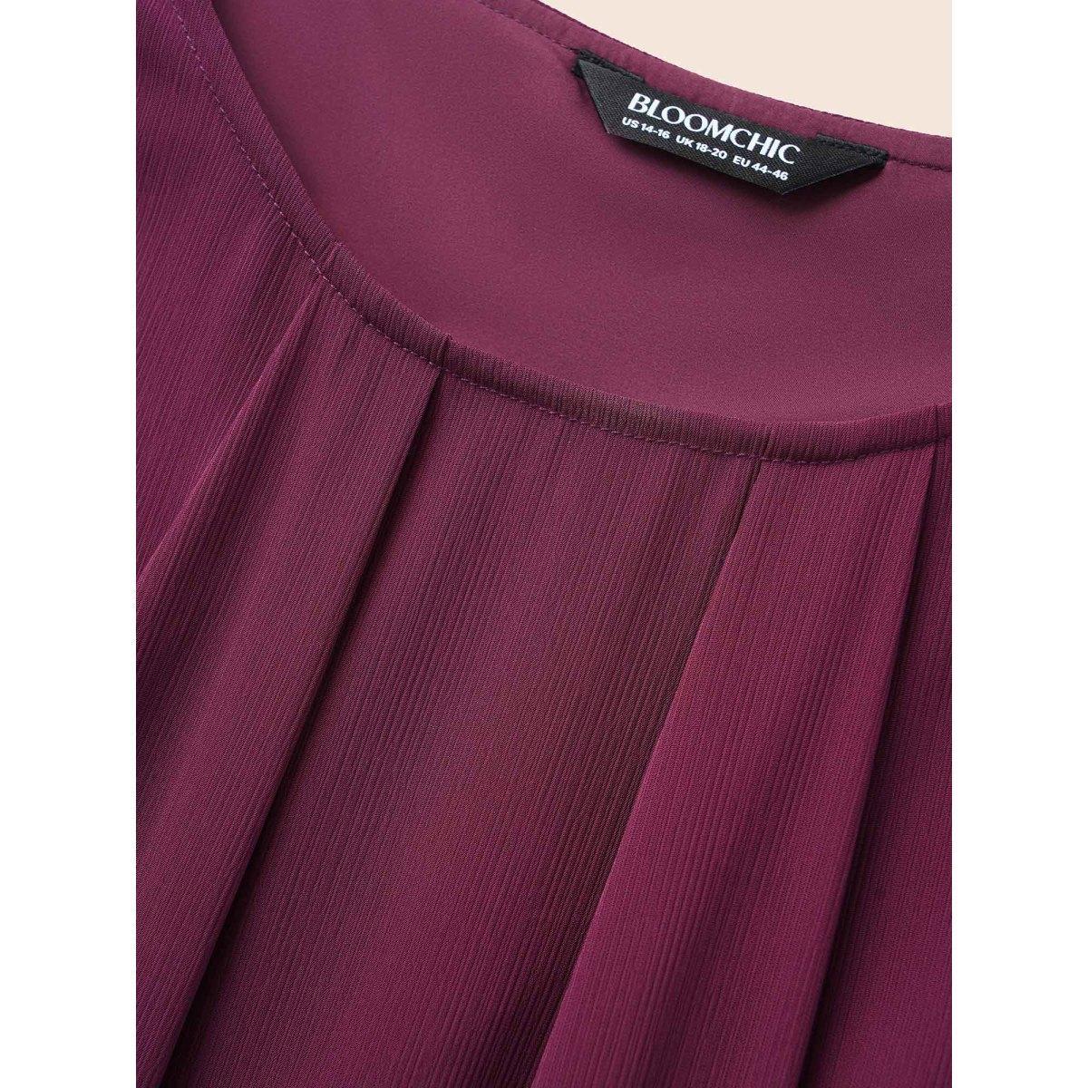 Plus Size Plum Solid Elastic Waist Ruffle Sleeve Blouse Women Workwear Essentials Short sleeve Round Neck Work Blouses BloomChic 22-24/3X Product Image