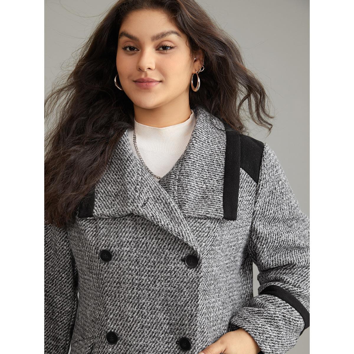 Plus Size Contrast Tweed Double Breasted Flap Pocket Coat Women DimGray Casual Lined Ladies Dailywear Winter Coats BloomChic 26/4X Product Image