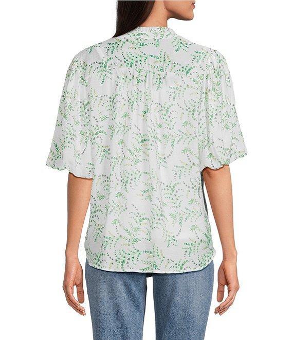 Figueroa & Flower Woven Printed Mandarin Collar Short Puff Sleeve Button Front Blouse Product Image