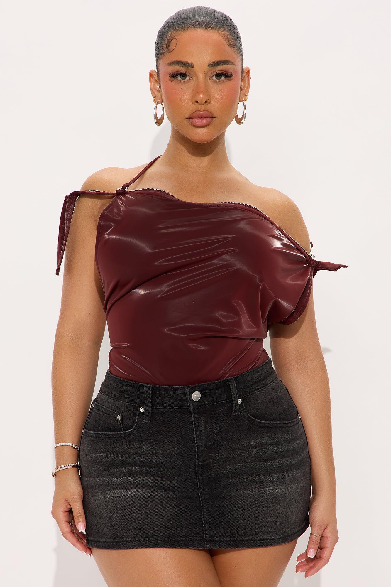 Unzip Me Faux Leather Bodysuit - Burgundy Product Image