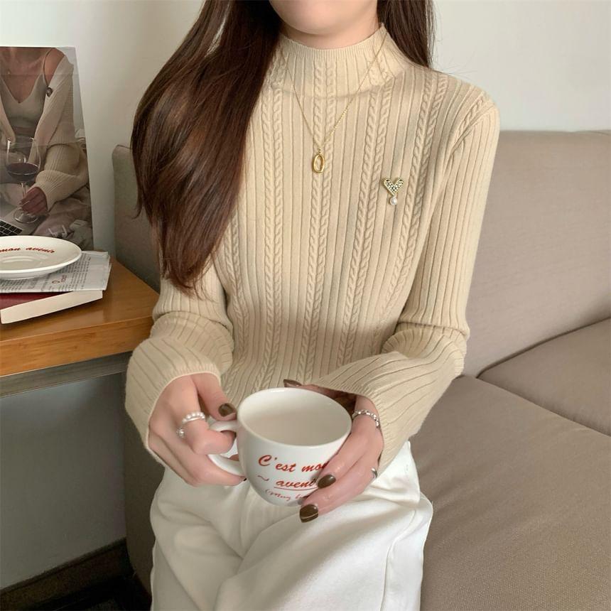 Mock Neck Plain Cable Knit Sweater Product Image