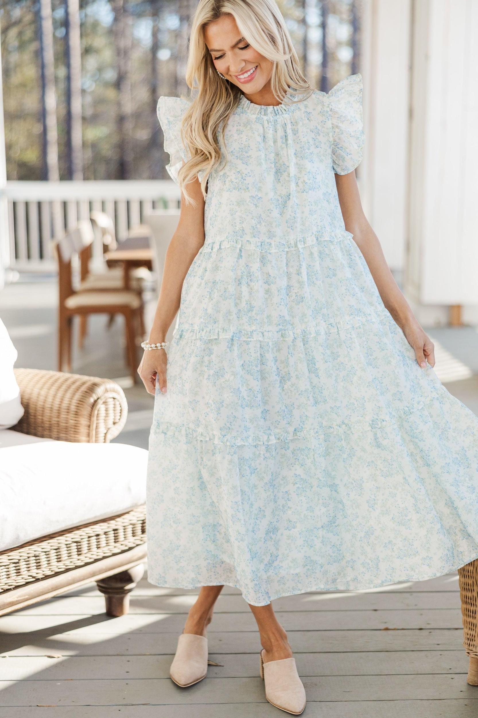 Check You Out Light Blue Ditsy Floral Mid Dress Female Product Image