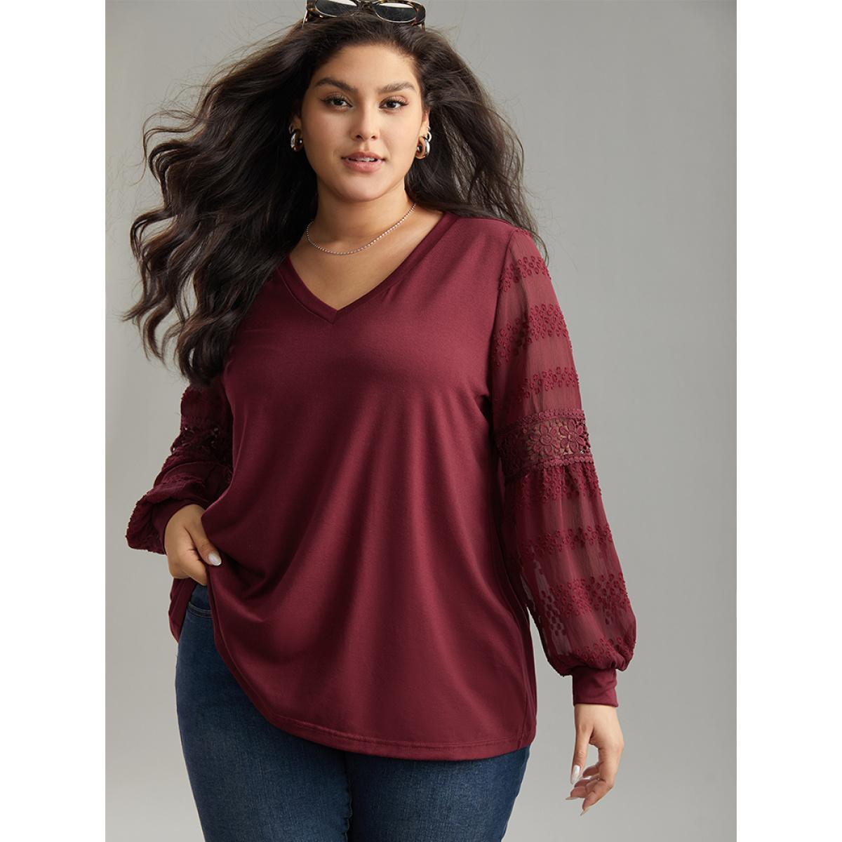 Plus Size Supersoft Essentials Solid Guipure Lace Cut Out T-shirt Burgundy Women Elegant Elastic cuffs Plain V-neck Dailywear T-shirts BloomChic 26/4X Product Image