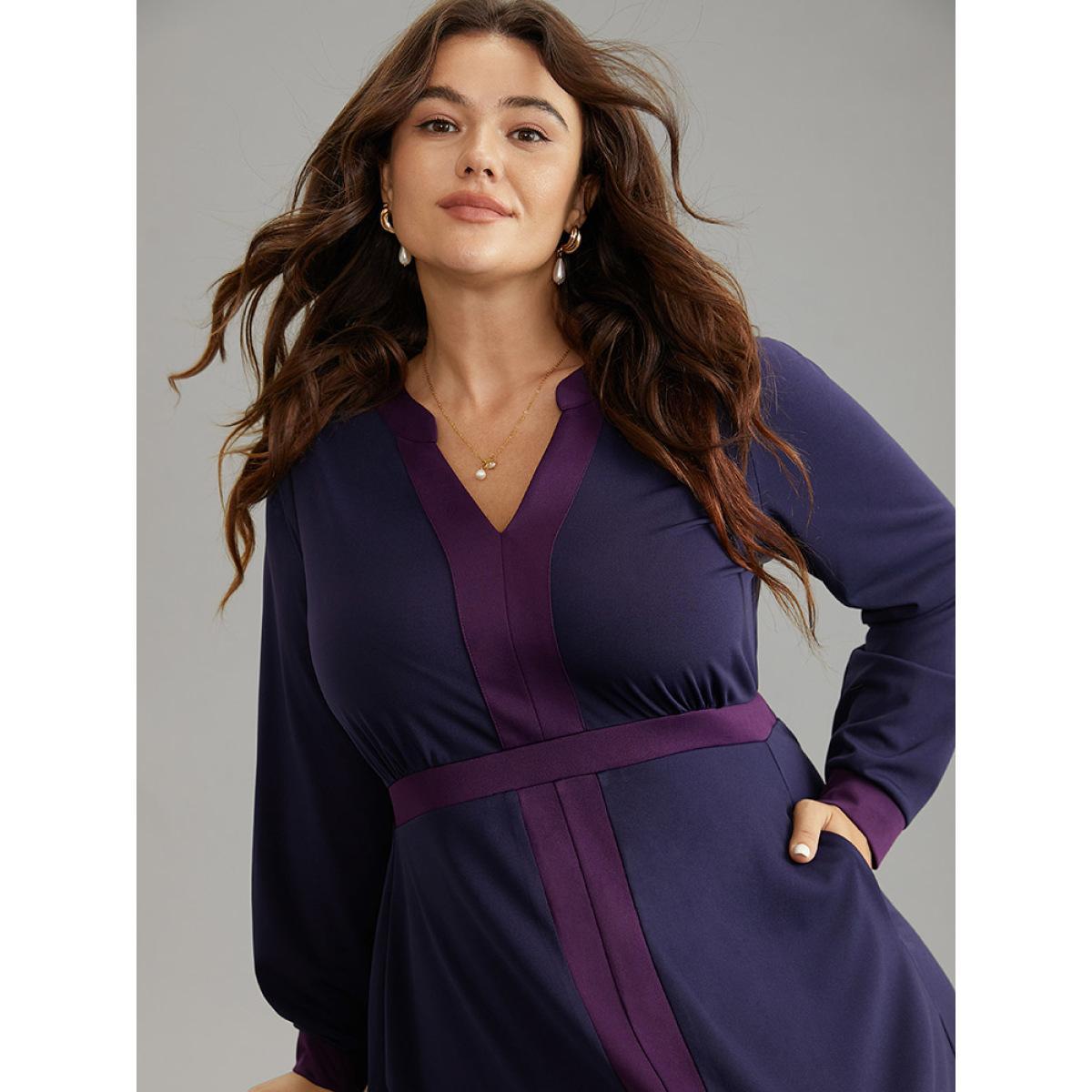 Plus Size Contrast Notched Gathered Elastic Waist Dress DarkBlue Women At the Office Contrast Notched collar Long Sleeve Curvy Midi Dress BloomChic 30/6X Product Image