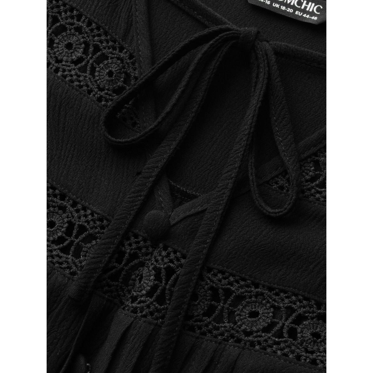 Plus Size Black Lace Patchwork Pleated Ruffles Blouse Women Elegant Long Sleeve V-neck Everyday Blouses BloomChic 12/L Product Image