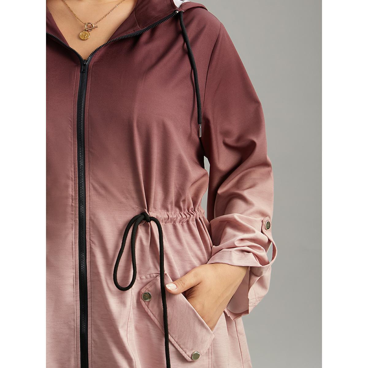 Plus Size Ombre Zipper Drawstring Pocket Tab Sleeve Jacket Women Scarlet Zipper Pocket Everyday Jackets BloomChic 10/M Product Image