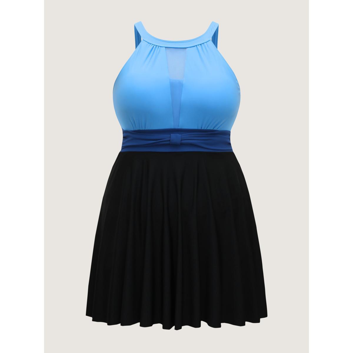 Plus Size Color Contrast Adjustable Swim Dress Women's Swimwear Mediumblue Beach Bodycon Round Neck High stretch Curve Swim Dresses BloomChic 28/5X Product Image
