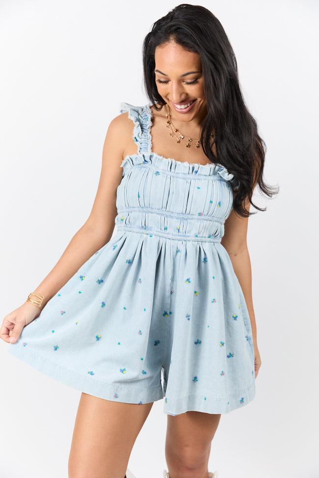 Big Sky Light Wash Denim Embroidered Romper SALE Product Image